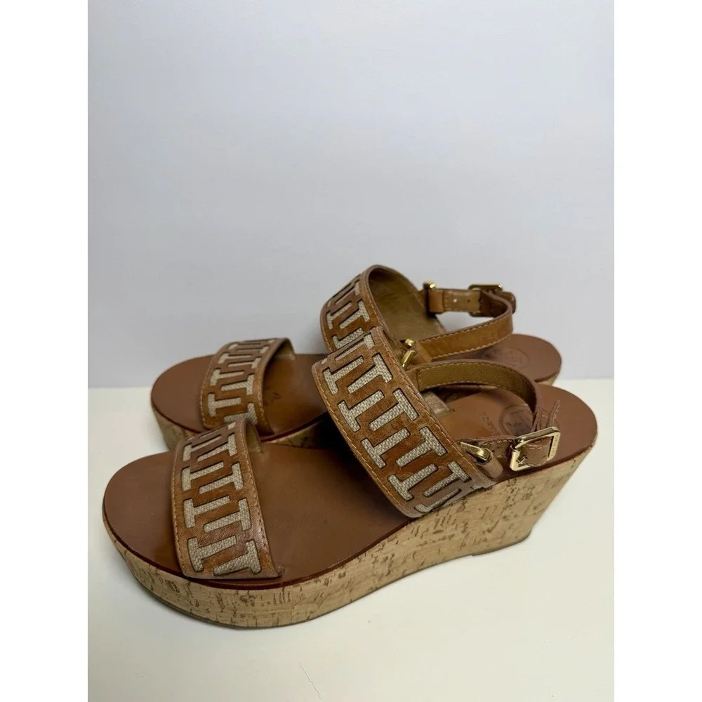 Tory Burch Regan Cork Wedge T Logo Brown Leather Sandal's Women's Size 9.5